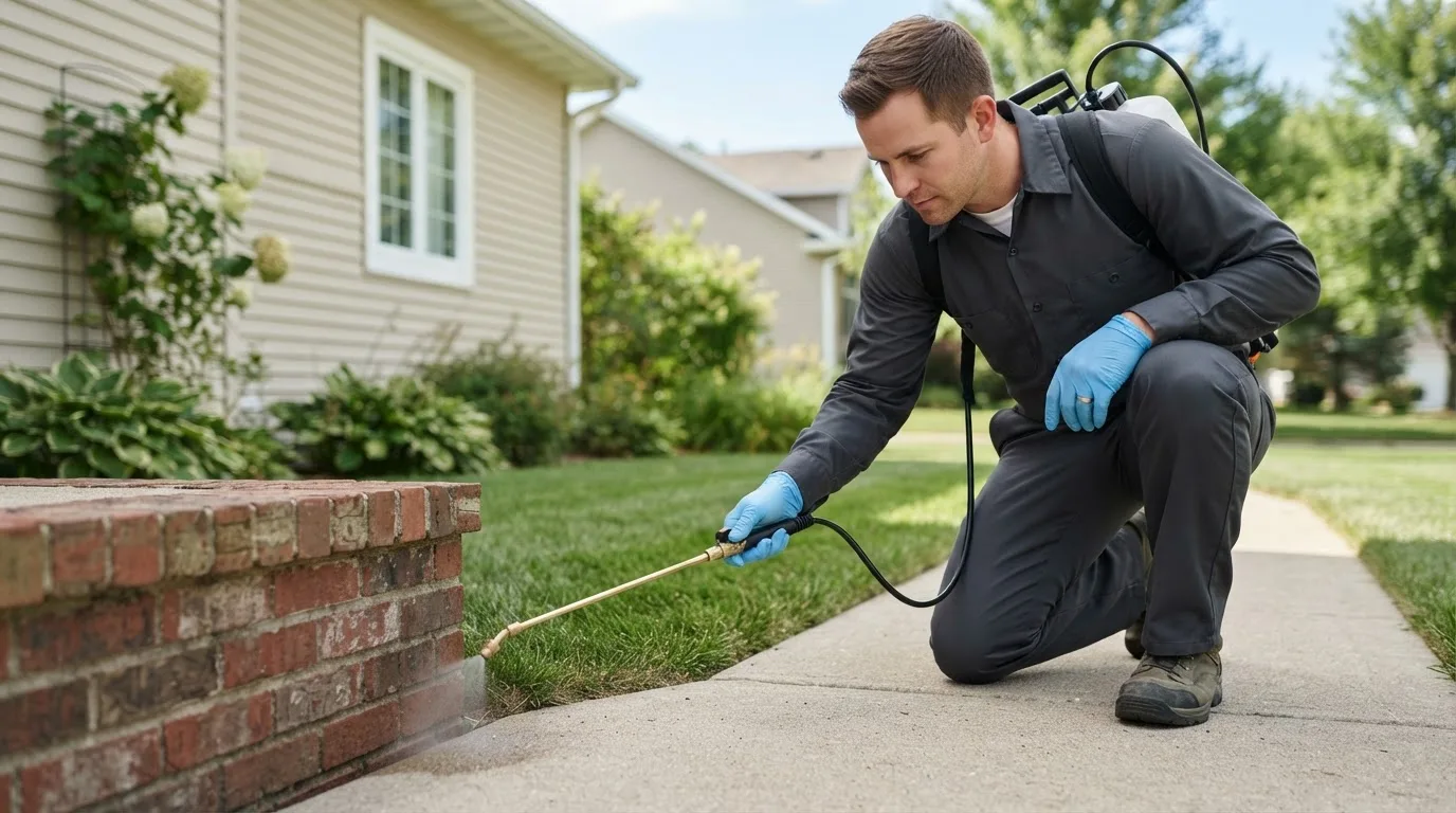 Pest control technician treating a home near Stanley, ND